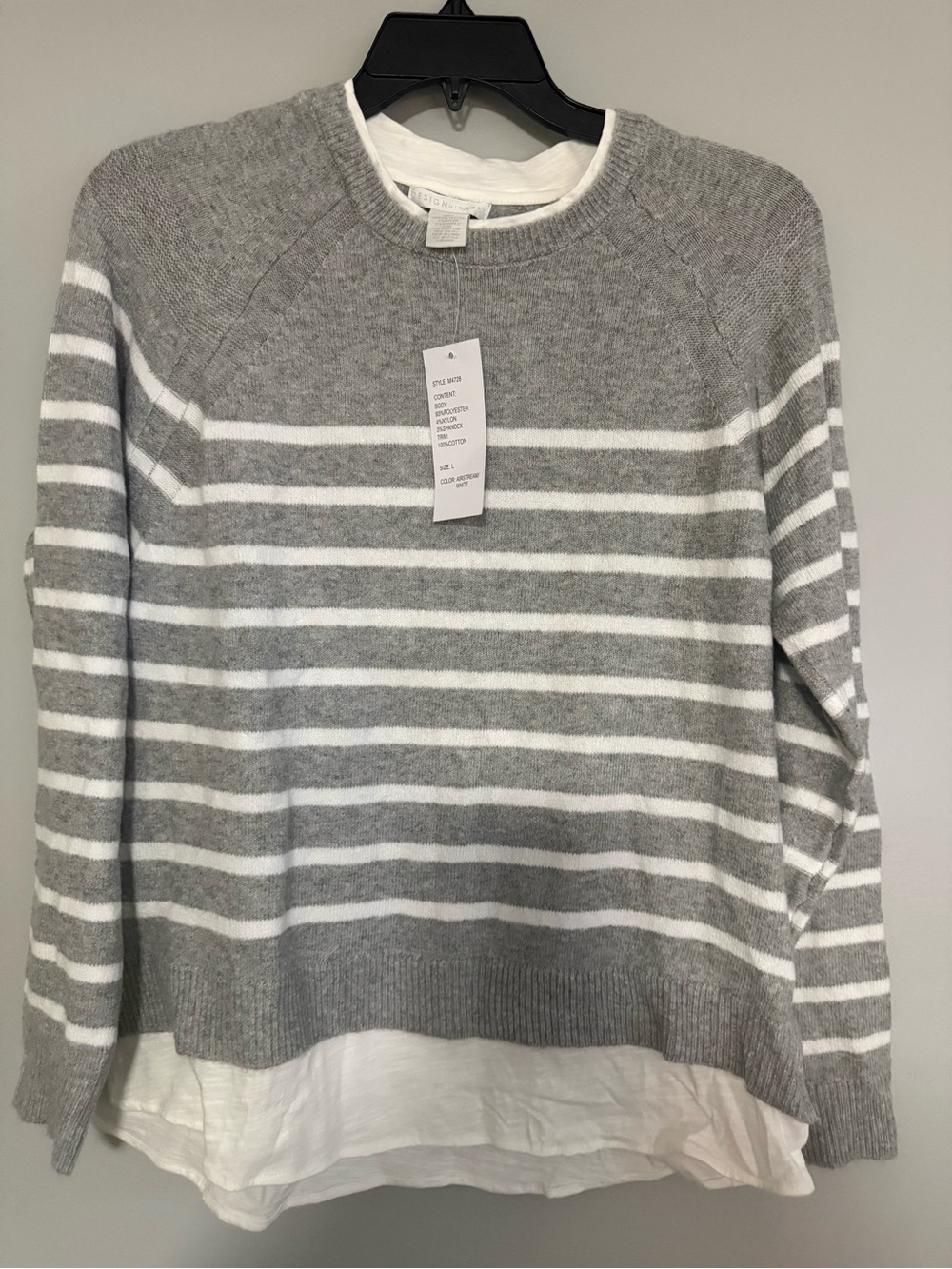 Design History Gray and White Striped Crewneck Sweater